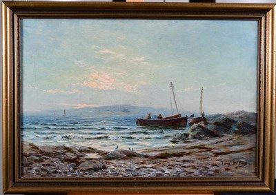 Lot 48 - Thomas Hope McKay (1870 - 1930) Horse and cart at a rocky coastline  Boats moored at a rocky...