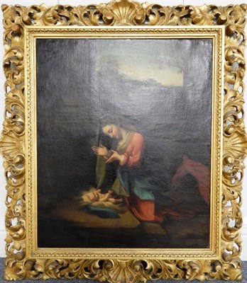Lot 49 - After Correggio (1489 - 1534) ''Adoration of the Child'' Oil on canvas in an elaborate carved...
