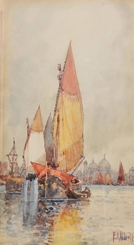 Lot 51 - Frederick James Aldridge (1850-1933) At port, Venice Signed, watercolour, 22cm by 12.5cm
