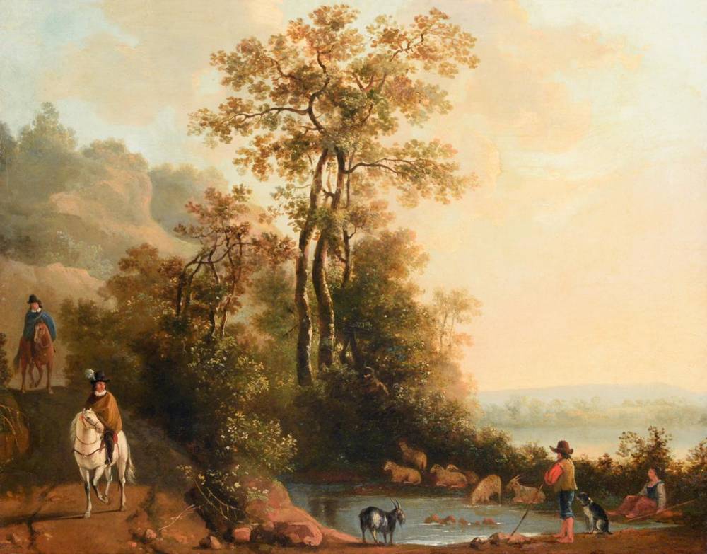 Lot 54 - Manner of Aelbert Cuyp (1620-1691) Travellers in a landscape Oil on canvas, 45cm by 56cm