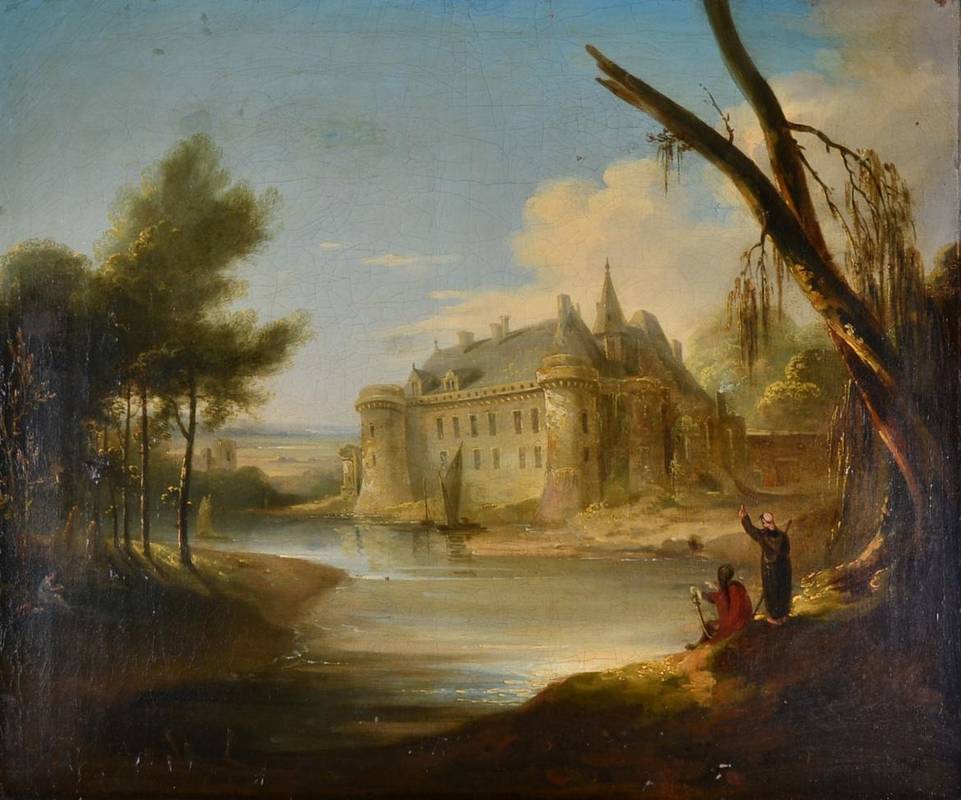 Lot 55 - Follower of Richard Wilson (1714-1782) Figures before a Chateau Oil on canvas, 48.5cm by 58.5cm