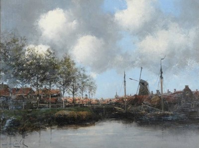 Lot 59 - Johannes Koekkok Jr (1836-1909) Dutch Dutch townscape with windmills and boats  Signed, oil on...