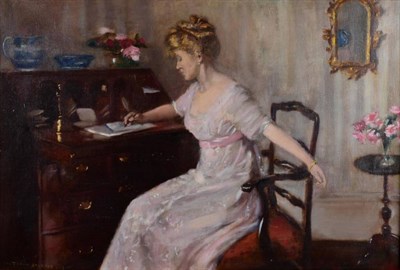 Lot 61 - Percy Sturdee (1861-1939) Portrait of an elegant lady, seated at her desk, writing a letter...