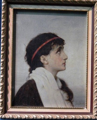 Lot 64 - Frizt Beinke (1842-1907) Female head, possibly a study for ''An offering to the Gods''  Signed, oil