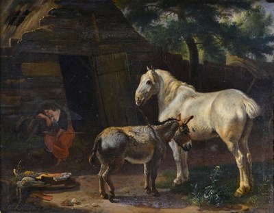 Lot 65 - Attributed to Karel du Jardin (1622-1678) Dutch A horse, donkey and sleeping lady before a...