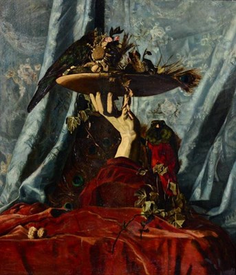 Lot 71 - Dutch school (20th Century) Still life with hand and peacock feathers Oil on canvas, 83cm by 72.5cm