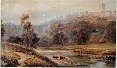 Lot 82 - Edward Tucker Jnr (1847 -1910),  Richmond Castle with cattle watering in the Swale Signed,...