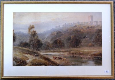 Lot 82 - Edward Tucker Jnr (1847 -1910),  Richmond Castle with cattle watering in the Swale Signed,...
