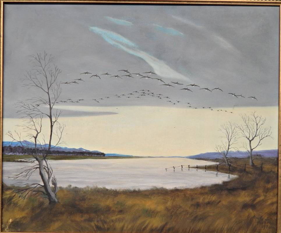 Lot 85 - Mackenzie Thorpe (1908-1976) Geese in Flight  Signed and dated, oil on canvas 49cm by 59cm...