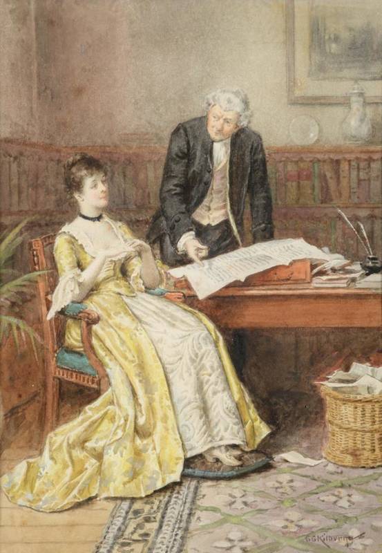 Lot 104 - George Goodwin Kilburne RI RBA (1839-1924) ''The Marriage Settlement''  Signed, watercolour, 20.5cm
