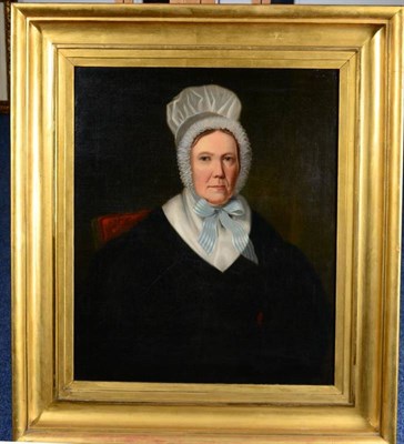 Lot 118 - English School (19th Century) Portrait of a lady in a bonnet with blue ribbon Oil on canvas,...