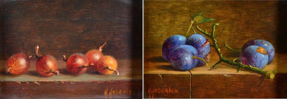 Lot 120 - Hans Habraken (b.1946) Dutch Still life of gooseberries on a ledge Still life of plums on a...