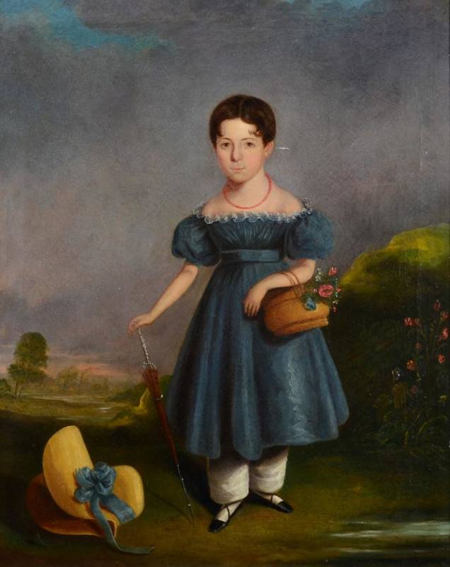 Lot 123 - English School, 19th century Portrait of a young lady with parasol Oil on canvas, 67cm by 54cm