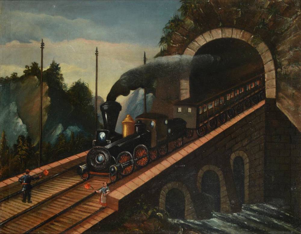 Lot 125 - American Naive School, 19th century  The express train  Oil on canvas, 61cm by 91cm...