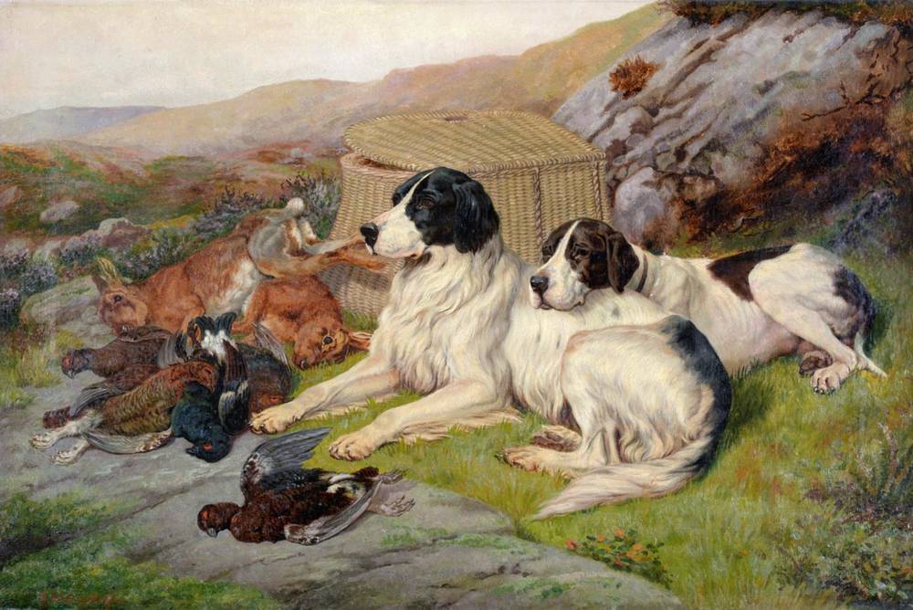 Lot 128 - Amos Watmough (fl.1880-1900) ''A successful day on the hill''  Signed, oil on canvas, 40cm by 60cm
