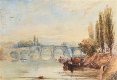 Lot 130 - Attributed to Myles Birket Foster (1825-1899) A river landscape with a bridge and country inn...