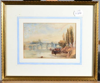 Lot 130 - Attributed to Myles Birket Foster (1825-1899) A river landscape with a bridge and country inn...