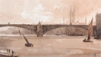 Lot 131 - John Dibblee Crace (1838-1919) ''Southwark Bridge, 1855'' Monogramed, further inscribed verso,...