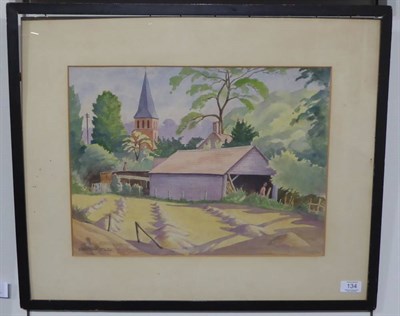 Lot 134 - Ethelbert White (1891-1972)  The villlage barn Signed, watercolour, 33cm by 45cm  Artist's...