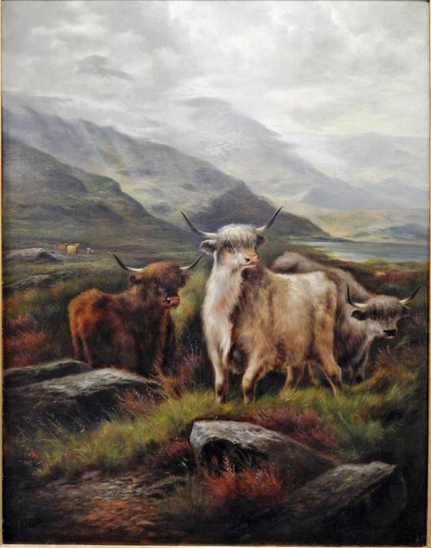 Lot 142 - J Henry (19th century) Highland cattle in a landscape Signed, oil on canvas, 90cm by 70cm