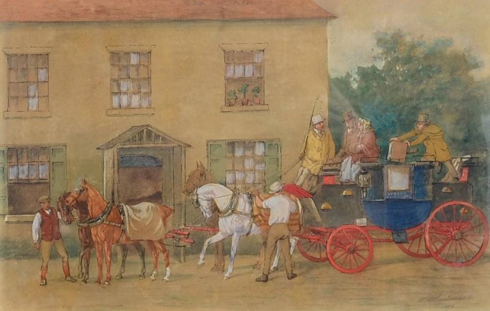 Lot 152 - W H Wheelwright (1857-1897) ''The London Coach'' Signed and dated 1873, watercolour, 27.5cm by 43cm