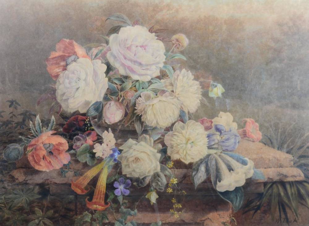 Lot 153 - William Took (fl.1857-1892) A still life of mixed blooms on a stone ledge  Signed, watercolour,...