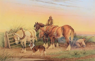 Lot 154 - Frederick Valter (1850-1930) A rest from ploughing  Signed and dated 1923, watercolour, 48cm by...