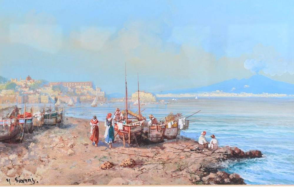 Lot 157 - Yves Gianni (19th/20th century)  ''Fishing Boats, Bay of Naples''  Signed, gouache, 30cm by 48cm