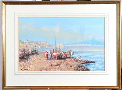 Lot 157 - Yves Gianni (19th/20th century)  ''Fishing Boats, Bay of Naples''  Signed, gouache, 30cm by 48cm