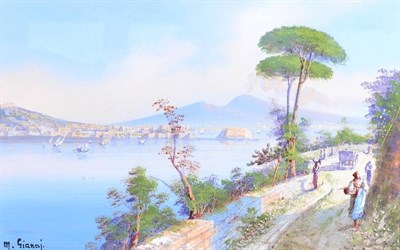 Lot 159 - M Gianni (19th/20th century)  ''Pathway Beside the Bay''  Signed, gouache, 30cm by 48cm