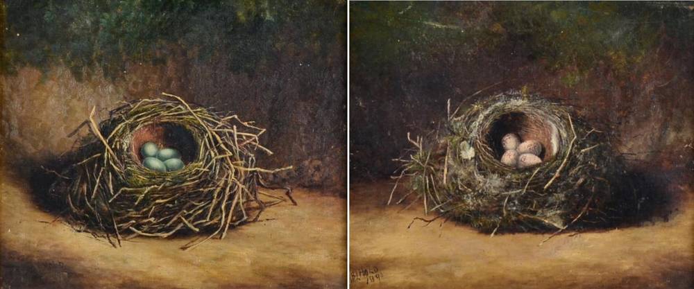 Lot 173 - Abel Hold (1815-1891)  A pair of birds' nests Signed and dated 1896, oil on canvas, 24cm by...