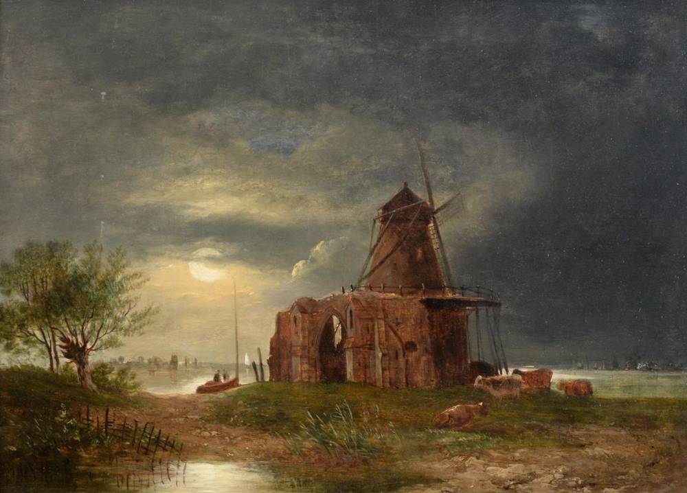 Lot 175 - Samuel David Colkett (1806-1863)  Moonlit barn with cattle at rest Signed, oil on panel, 24cm...