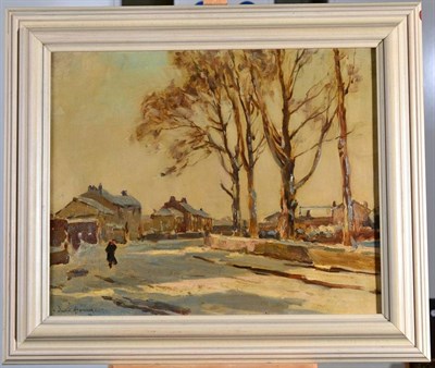 Lot 181 - Owen Bowen ROI, PRCamA (1873-1967) Collingham in the snow Signed, oil on canvas, 42cm by 52cm...