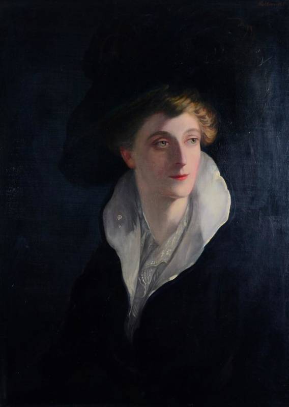 Lot 190 - H P Hollins (20th century) Portrait of a lady in a black hat Signed, oil on canvas, 79cm by 57cm