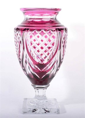 Lot 218 - A Val St Lambert Cranberry Overlaid Clear Glass Jupiter Vase, 2nd half 20th century, with geometric