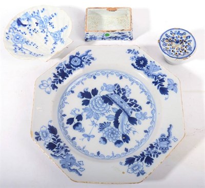 Lot 251 - A Delft Shell Dish, possibly English, circa 1750, painted in blue with flowering prunus, 10.5cm; An