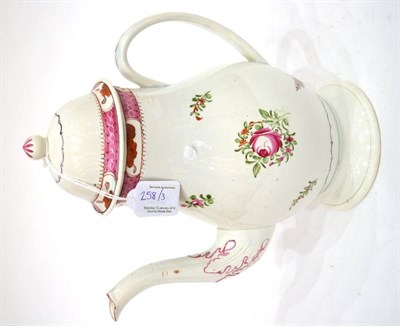 Lot 258 - A Pearlware Coffee Pot and Cover, circa 1790, of baluster form, painted in famille rose type...