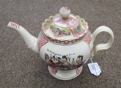 Lot 266 - A William Greatbatch Creamware Teapot and Cover, circa 1770, printed and painted with The...