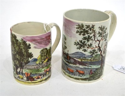 Lot 268 - A Pearlware Mug, circa 1790, of cylindrical form, printed and overpainted with a rural river...