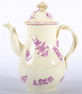 Lot 270 - A Wedgwood Creamware Coffee Pot and Cover, circa 1775, of fluted baluster form, painted in puce...