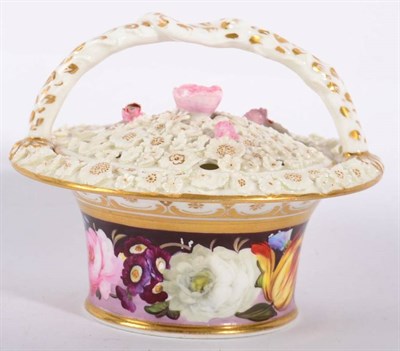 Lot 274 - An English Porcelain Pot Pourri Basket and Pierced Cover, circa 1820, with overhead handle and...