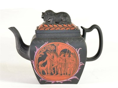 Lot 288 - A Black Basalt Teapot and Cover, circa 1810, of bombé rectangular form with recumbent lion finial