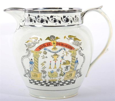 Lot 295 - A Pearlware Masonic Jug, circa 1820, printed and overpainted with Masonic emblems and inscribed GOD