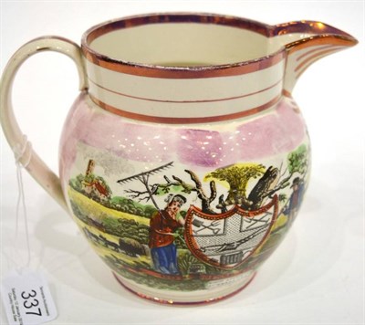 Lot 337 - A Dixon, Austin & Co Sunderland Lustre Jug, circa 1820, printed and painted with THE FARMERS...