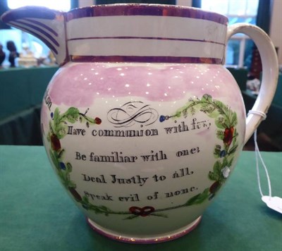 Lot 337 - A Dixon, Austin & Co Sunderland Lustre Jug, circa 1820, printed and painted with THE FARMERS...