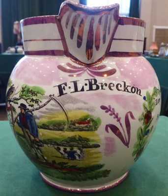 Lot 337 - A Dixon, Austin & Co Sunderland Lustre Jug, circa 1820, printed and painted with THE FARMERS...