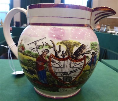 Lot 337 - A Dixon, Austin & Co Sunderland Lustre Jug, circa 1820, printed and painted with THE FARMERS...