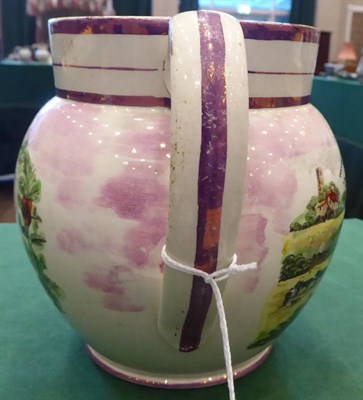 Lot 337 - A Dixon, Austin & Co Sunderland Lustre Jug, circa 1820, printed and painted with THE FARMERS...