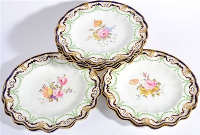Lot 339 - A Royal Crown Derby Porcelain Part Dessert Service, 1908, painted with flowersprays within blue and
