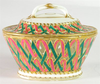 Lot 347 - A Sèvres Porcelain Basket and Cover, circa 1770, of oval form, the basketwork picked out in green